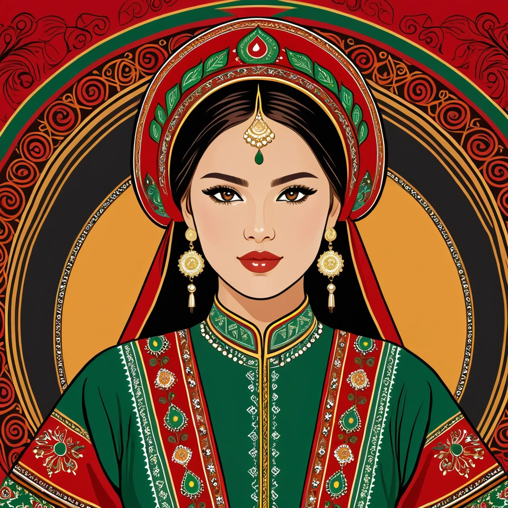 woman in turkmenistan folk outfit, vector graphics, strong contours