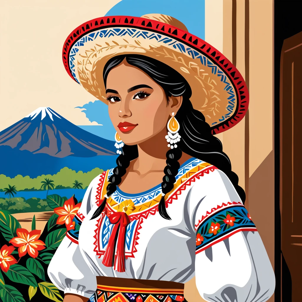 woman in nicaragua folk outfit, vector graphics, strong contours
