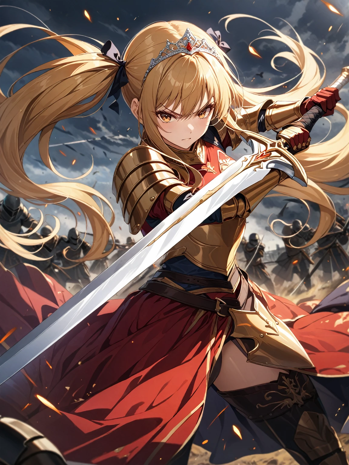 score_9_up, score_9, score_8_up, score_7_up, source_anime,masterpiece, best quality, high resolution, extremely detailed CG, absurdres, highres, 1 girl,a knight girl in golden armor fights at battlefield, holding sword, long hair, twintails, blond_hair, red_dress, glaring, off-shoulder, tiara, battle_stance, fighting_stance,good_hands