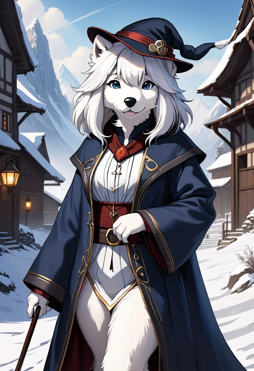 Anthropomorphic female english sheepdog mage. Official Art – Charecter profile. An Award-Winning Digital Masterpiece In 4K Ultra HD, Extreme Detail And Intricate Realism. Symmetrical Face. This Concept Art Brought To Life By The Hands Of Artists Like Wlop & Artgerm In A Stunning 2D Vector Illustration.Background Is A Panoramic Vista.
