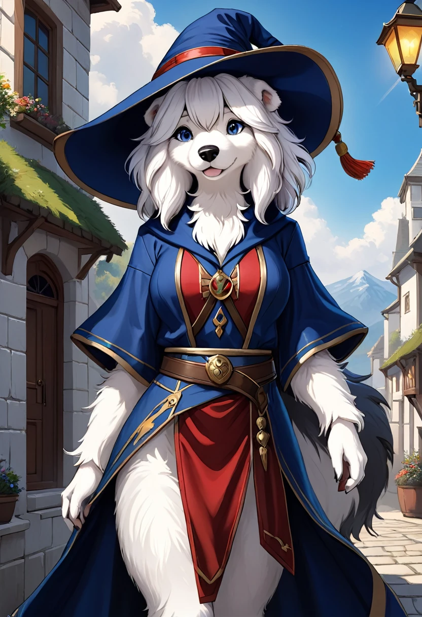 Anthropomorphic female english sheepdog mage. Official Art – Charecter profile. An Award-Winning Digital Masterpiece In 4K Ultra HD, Extreme Detail And Intricate Realism. Symmetrical Face. This Concept Art Brought To Life By The Hands Of Artists Like Wlop & Artgerm In A Stunning 2D Vector Illustration.Background Is A Panoramic Vista.