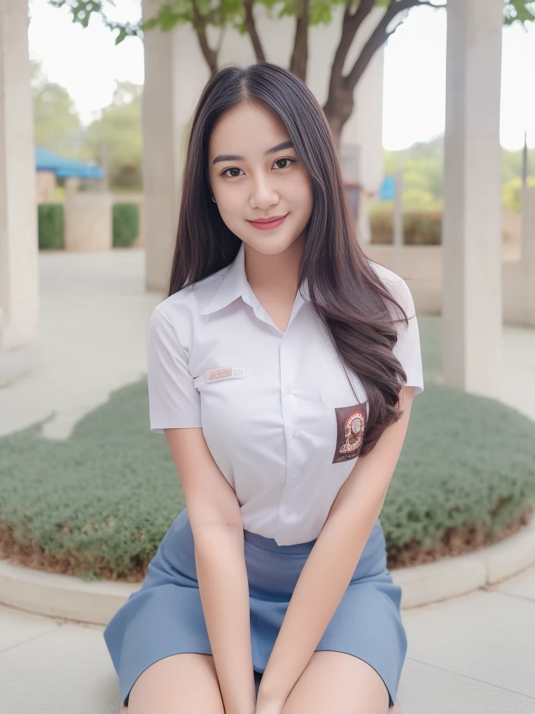1girl, solo, 19 years old, (uniform), sits on something, detailed Metropolitan city at the background, portrait, thick breasts, semi-curvy body, smooth realistic skin, cute smile, white shirt, grey blue short skirt, looking at the audience, high angle shot,(8k, RAW photo, best quality, masterpiece: 1.3), (realistic, realistic: 1.37), ultra-high resolution, cowboy shot
