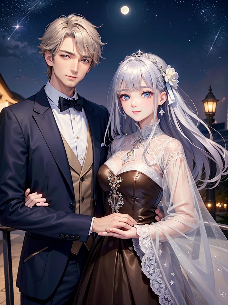 ((Highest quality)), ((masterpiece)), (detailed)、Couple、（The man has silver hair and blue eyes）、（The woman has brown hair and brown eyes）、Facing each other with the moonlit night as a backdrop、The man is tall and the woman is leaning on him.、Woman smiling、Men are handsome、Women are cute、Perfect body