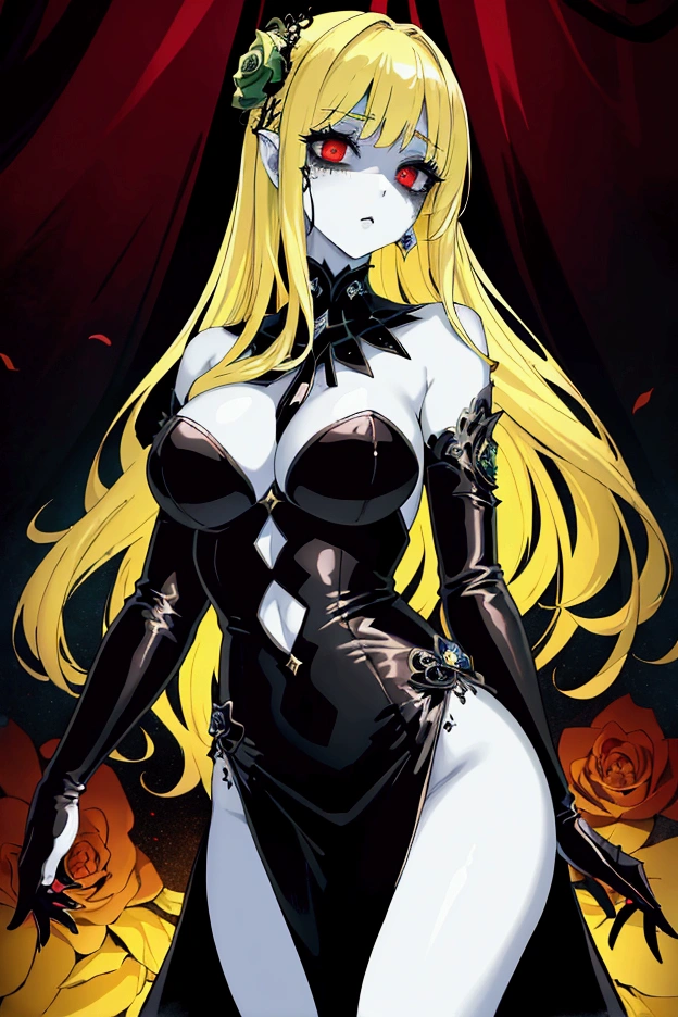 Highest quality, masterpiece, Ultra-high resolution、Very detailed, female、Big Breasts、End of the World、Zombie Girl、princess、Lightweight gothic dress、Shiny pale green discolored skin、A dumb look、Beauty、Blonde、Tight waist、Red Eye、Flawless skin、Even zombies have elegance and beauty、The dress before she turned into a zombie