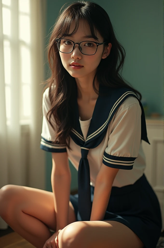 Ulsan-6500-V1.1,(RAW Photos:1.2), (Realistic:1.4), Random Pause,Beautiful girl with great care, Very detailedな目と顔, finelyて美しい目, Absurd, Unbelievably ridiculous, Large file size, Very detailedな, High resolution, Very detailed,Highest quality,masterpiece,((Japanese Girls' High School Uniform)),Awareness-raising,Very detailed,CG,Unified,8k wallpaper,Great cleavage,finely,masterpiece,Highest quality,Very detailed的 CG Unified 8k wallpaper,Face Light,Cinema Lighting, 1 girl, 28 years old,(Wear glasses),(((Dynamic pose))),(nakedの下半身),((pantyhose)),((Sit with your legs apart)),(With open arms)(naked).Cute Freckles.Mole under left eye,