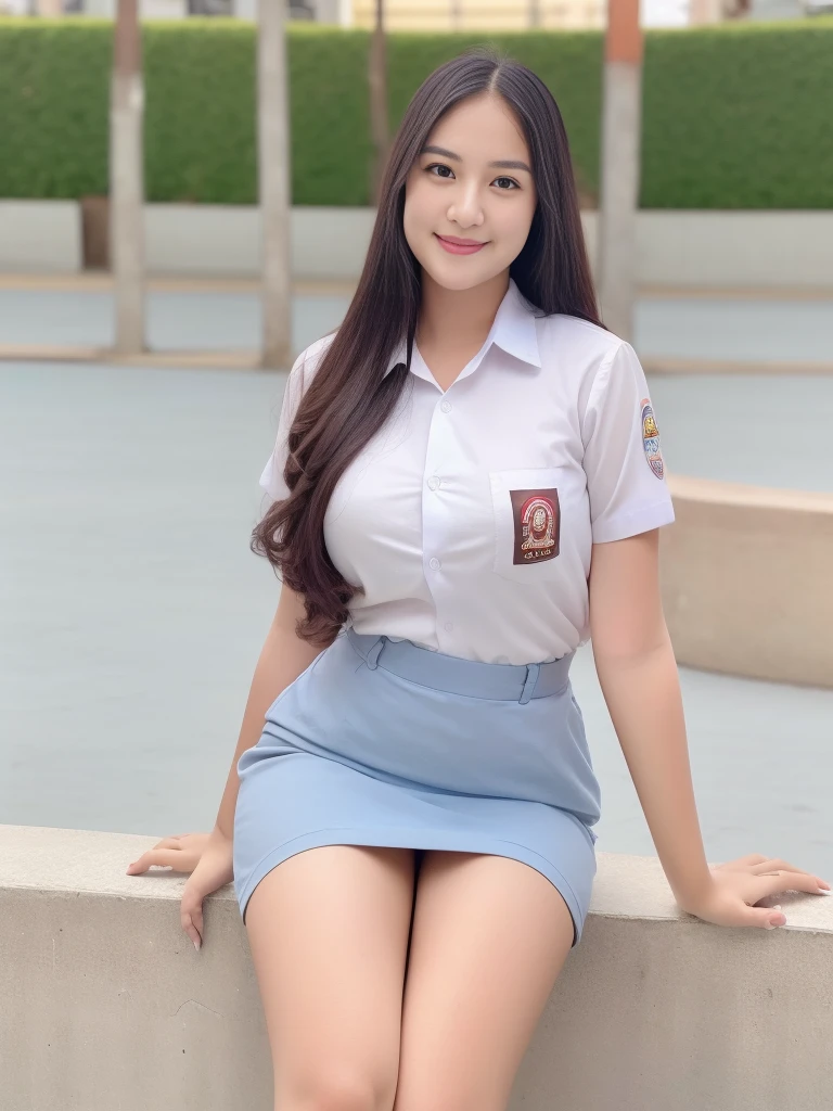 1girl, solo, 19 years old, (uniform), sits on something, detailed Metropolitan city at the background, portrait, thick breasts, semi-curvy body, smooth realistic skin, cute smile, white shirt, grey blue short skirt, looking at the audience, high angle shot,(8k, RAW photo, best quality, masterpiece: 1.3), (realistic, realistic: 1.37), ultra-high resolution, cowboy shot