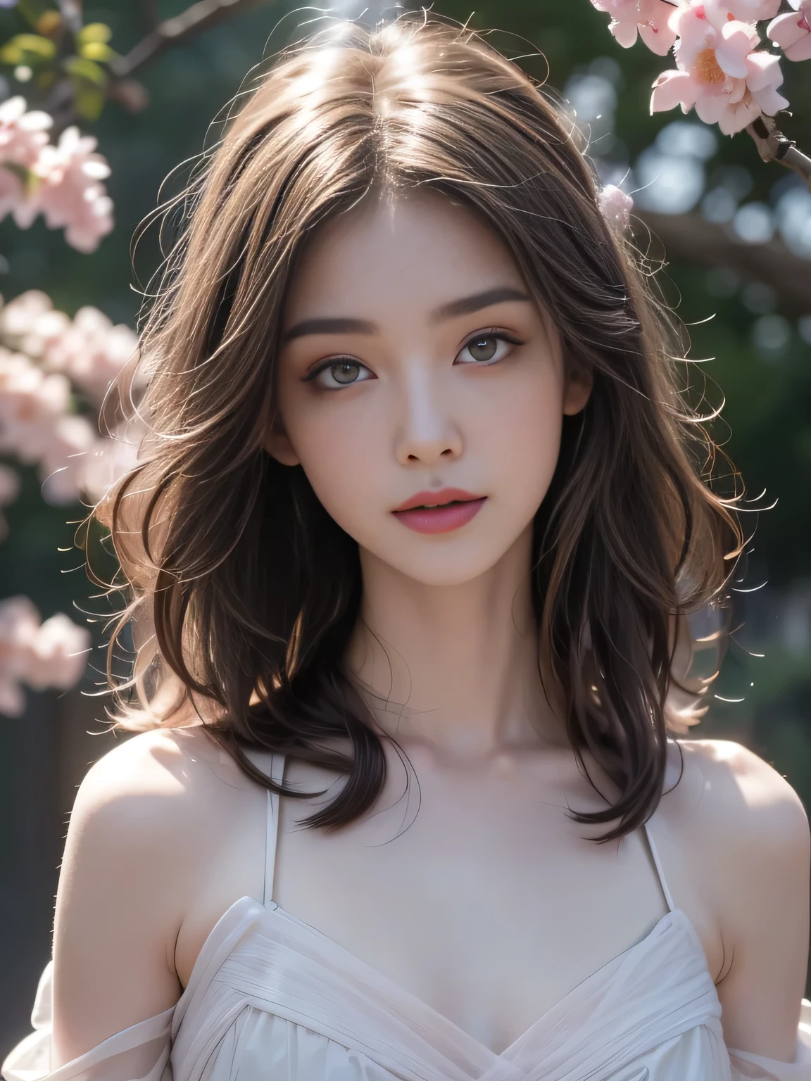 (1 girl:1.3), Solitary, (((Very rich facial details))),((Very detailed eyes and face))),(Full body portrait:1.5)(Light pink hair:1.5), (Pink Eyes:1.5), Pink and white, Sakura Leaves, Vibrant colors, White Dress, Paint splatter, Simple background, Ray Tracing, curls