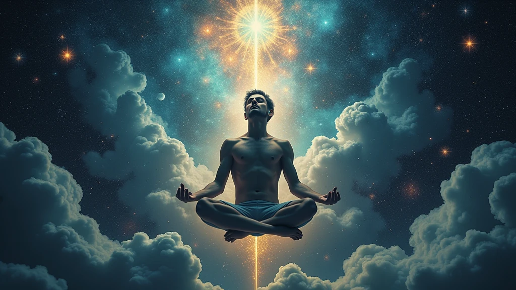 image of a man, universe, galaxy, floating, with items about spirituality and back