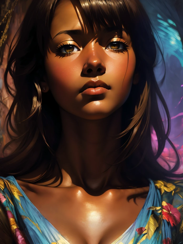 ((Solo Beautiful Carribean woman with dark skin and striking eyes)),  shadowed interior background, art by akihiko yoshida, manga art style, colorfield illustration, scary atmosphere, global illumination, by frank frazetta, art by goro fujita, glamor shot, banner, blur, anime key visual, (blue, yellow and gray colors), photorealistic dramatic anime girl, intricately detailed, chiaroscuro, pino daeni, impressionist (best quality, masterpiece)