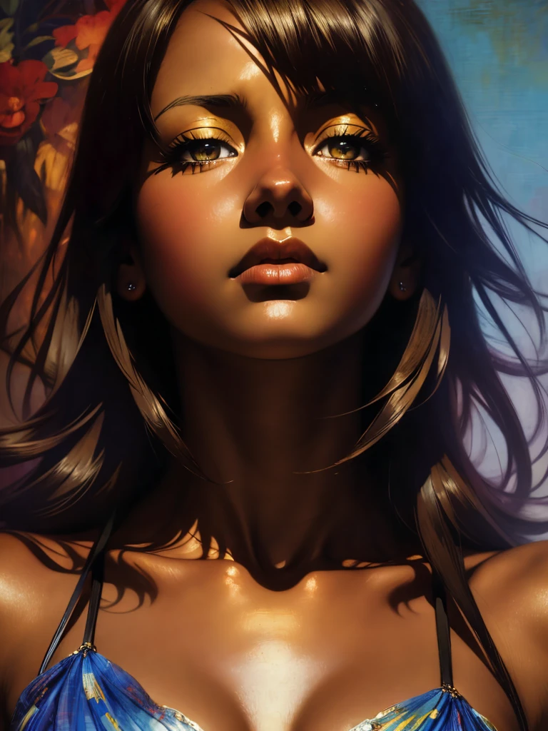 ((Solo Beautiful Carribean woman with dark skin and striking eyes)), shadowed interior background, art by akihiko yoshida, manga art style, colorfield illustration, scary atmosphere, global illumination, by frank frazetta, art by goro fujita, glamor shot, banner, blur, anime key visual, (blue, yellow and gray colors), photorealistic dramatic anime girl, intricately detailed, chiaroscuro, pino daeni, impressionist (best quality, masterpiece)