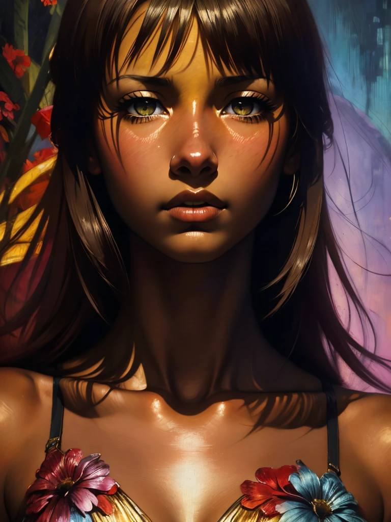 ((Solo Beautiful Carribean woman with dark skin and striking eyes)), shadowed interior background, art by akihiko yoshida, manga art style, colorfield illustration, scary atmosphere, global illumination, by frank frazetta, art by goro fujita, glamor shot, banner, blur, anime key visual, (blue, yellow and gray colors), photorealistic dramatic anime girl, intricately detailed, chiaroscuro, pino daeni, impressionist (best quality, masterpiece)