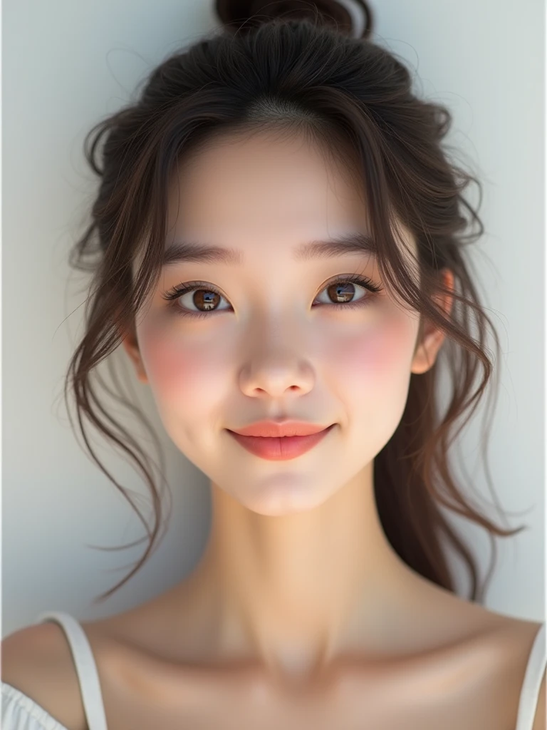 1girl, 25 years old woman, (perfectly detailed face), cute face, beautiful face, Small breasts, medium breasts, large breasts, ((looking at viewer)), smile, light smile, White skin, Simple Background, (((white background))), ((white wallpaper)), Indoor, (bright lighting:1.2), perfect lighting, photorealistic, (bokeh), UHD, anatomically correct, highres