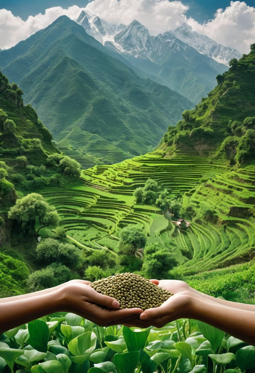Ancient view of mountain full of greenery, a spring is in middle of the mountains, some ancient people are standing near to the mountains, they holding some lentils in their hands