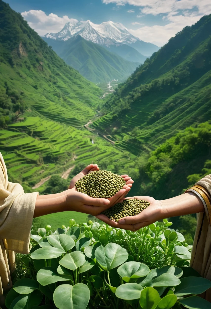 Ancient view of mountain full of greenery, a spring is in middle of the mountains, some ancient people are standing near to the mountains, they holding some lentils in their hands