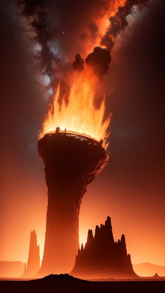 Alien base (Very detailed) In the mountainous desert，There are several exhaust fans and chimneys, Some spotlights come out of the base to illuminate dark places, (Extreme nights), Some clouds in the night sky, Some of the surrounding planets provide air to unknown planets，The farthest giant volcano is erupting