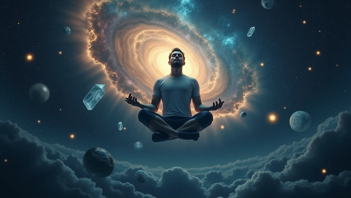 image of a man, universe, galaxy, floating, with items about spirituality and back