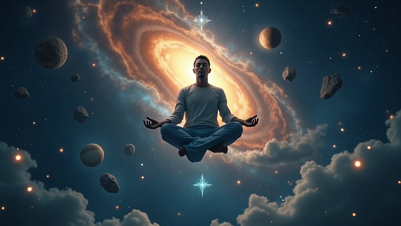 image of a man, universe, galaxy, floating, with items about spirituality and back