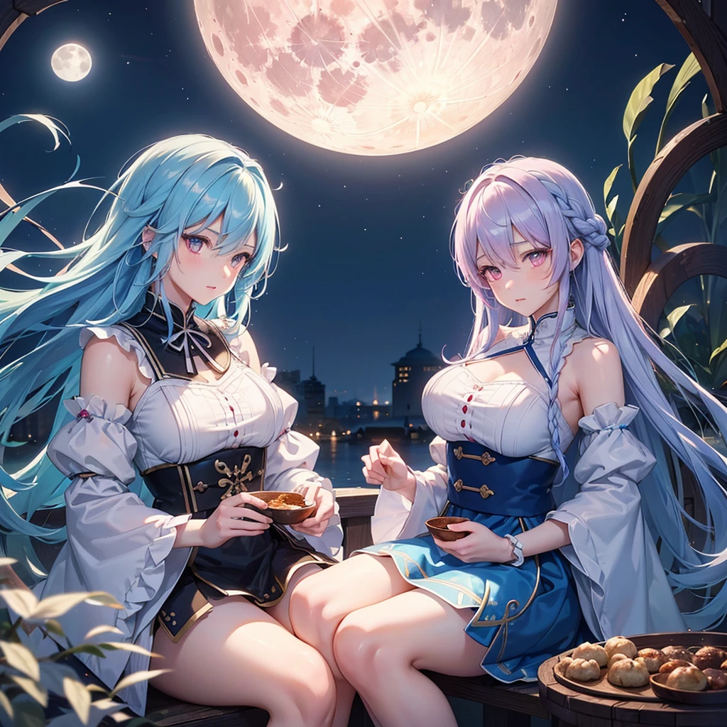 Sky blue hair, (1 braided hair), (Pink eyes),Fair skin)  ,(whole body),(One Girl),(White sweet dumpling),Miscanthus sinensis,(beautiful, Full moon shining in the night sky),(masterpiece, Highest quality, Very detailed, Best Shadow), (Detailed Background), (Beautifully detailed face), High Contrast, (Best lighting, Very delicate and beautiful), ((Cinematic Light)), Hyper Detail,8k, Dramatic Light, Intricate details,Sit down and eat dumplings,