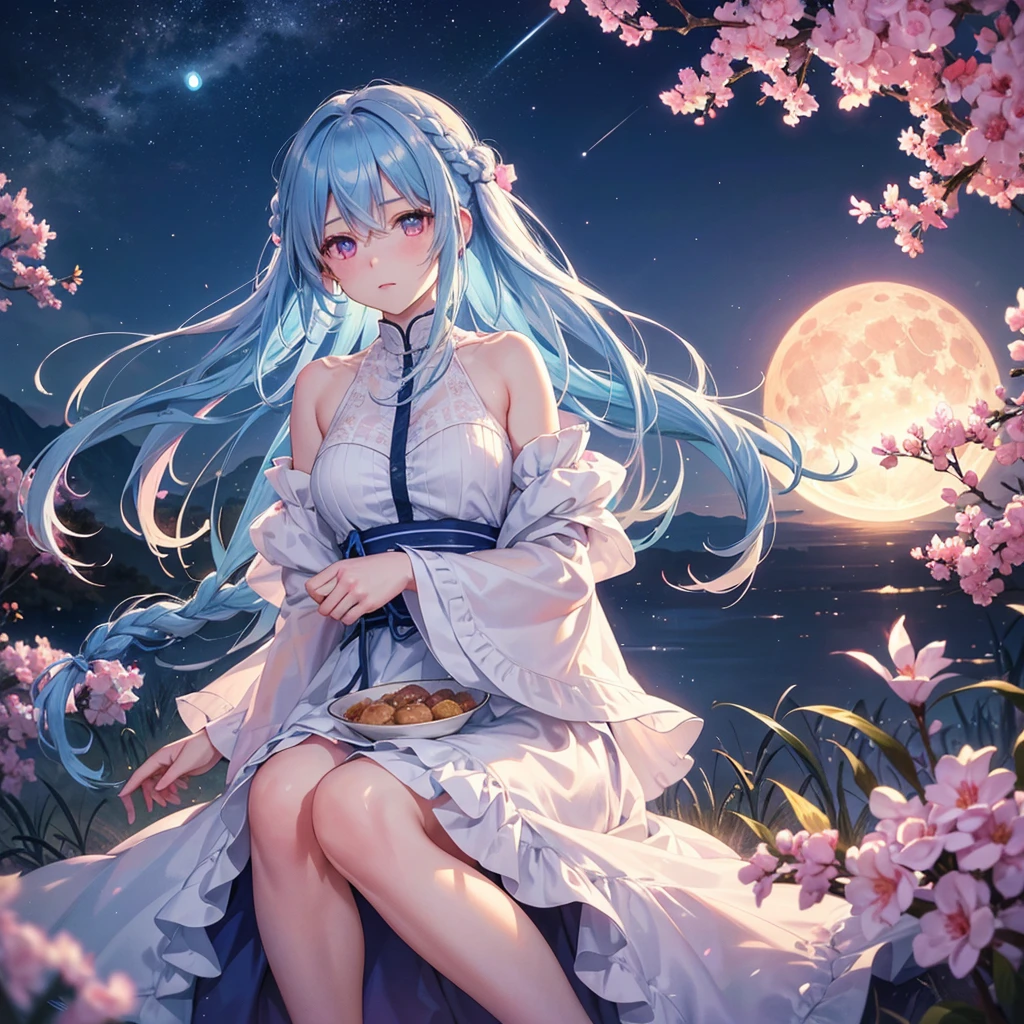 Sky blue hair, (1 braided hair), (Pink eyes),Fair skin)  ,(whole body),(One Girl),(White sweet dumpling),Miscanthus sinensis,(beautiful, Full moon shining in the night sky),(masterpiece, Highest quality, Very detailed, Best Shadow), (Detailed Background), (Beautifully detailed face), High Contrast, (Best lighting, Very delicate and beautiful), ((Cinematic Light)), Hyper Detail,8k, Dramatic Light, Intricate details,Sit down and eat dumplings,