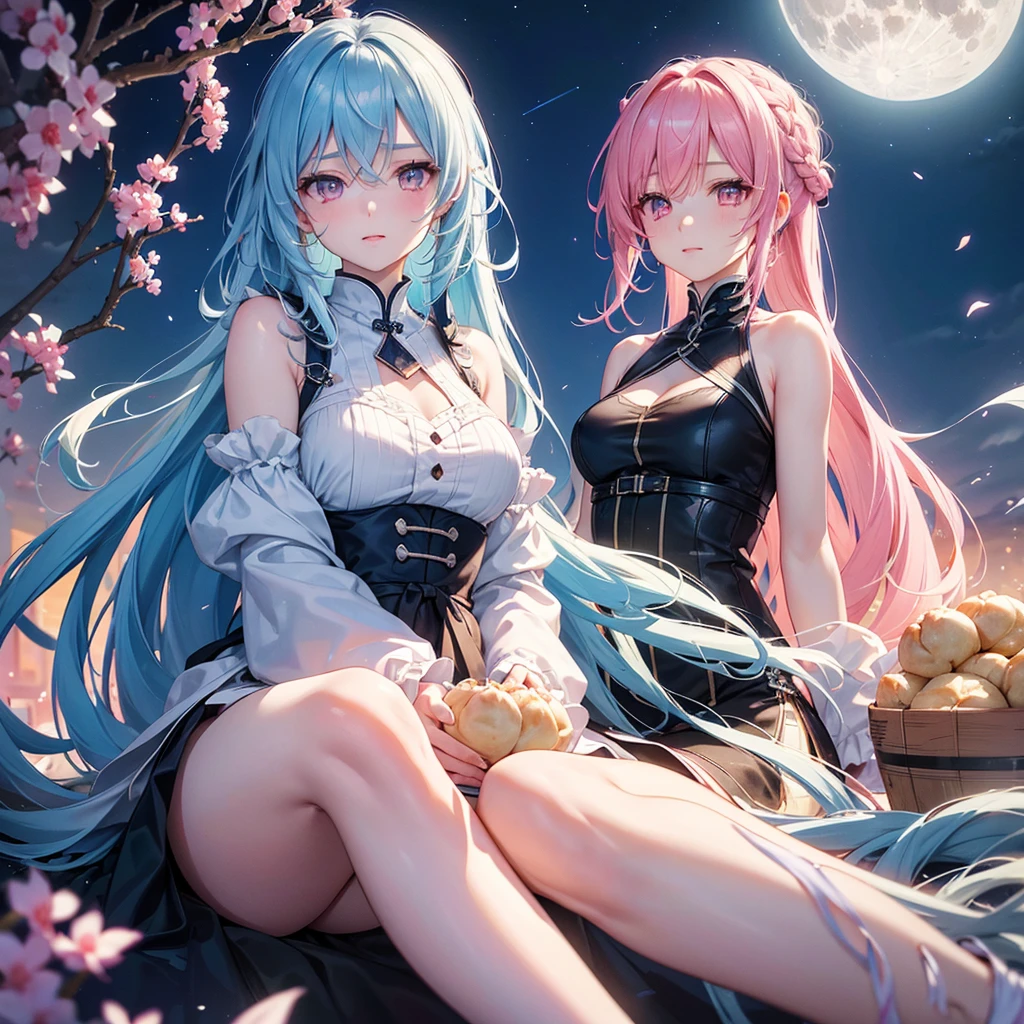 Sky blue hair, (1 braided hair), (Pink eyes),Fair skin) ,(whole body),(One Girl),(White sweet dumpling),Miscanthus sinensis,(beautiful, Full moon shining in the night sky),(masterpiece, Highest quality, Very detailed, Best Shadow), (Detailed Background), (Beautifully detailed face), High Contrast, (Best lighting, Very delicate and beautiful), ((Cinematic Light)), Hyper Detail,8k, Dramatic Light, Intricate details,Sit down and eat dumplings,