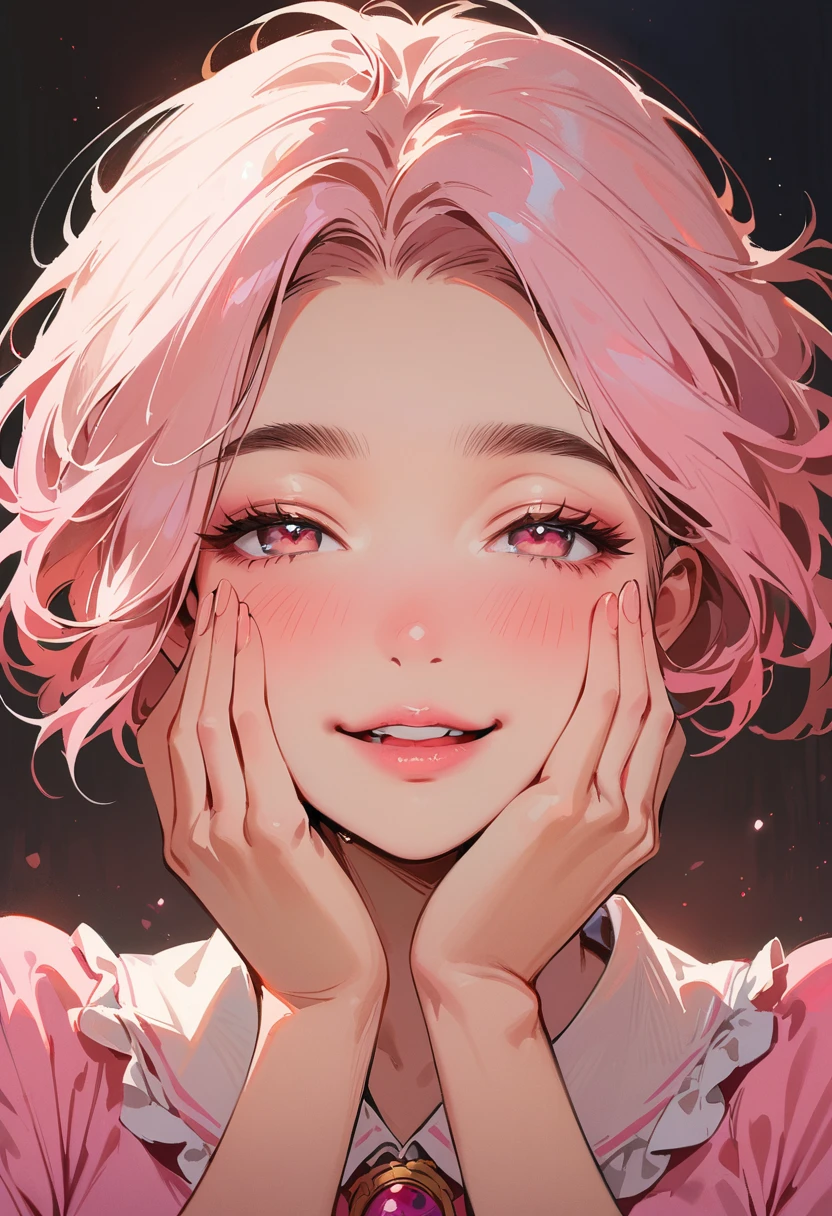 (masterpiece, best quality:1.4), 1 girl, 独奏, Pink love pupils, Blurred eyes, Smile, Look up and down, Pink lower lip, Holding face with hands, Pink short hair, Messy hairstyle, Royal sister, Pink pajamas, Vision, black background.