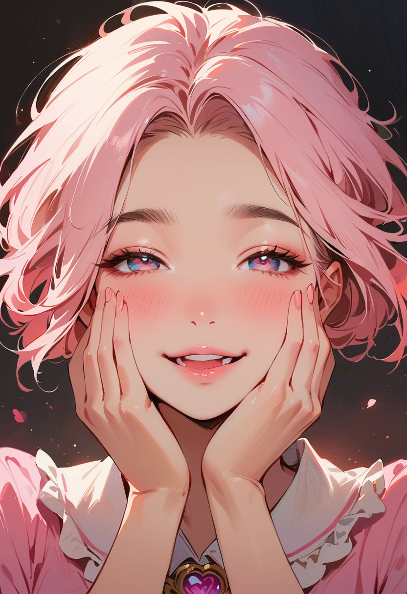 (masterpiece, best quality:1.4), 1 girl, 独奏, Pink love pupils, Blurred eyes, Smile, Look up and down, Pink lower lip, Holding face with hands, Pink short hair, Messy hairstyle, Royal sister, Pink pajamas, Vision, black background.