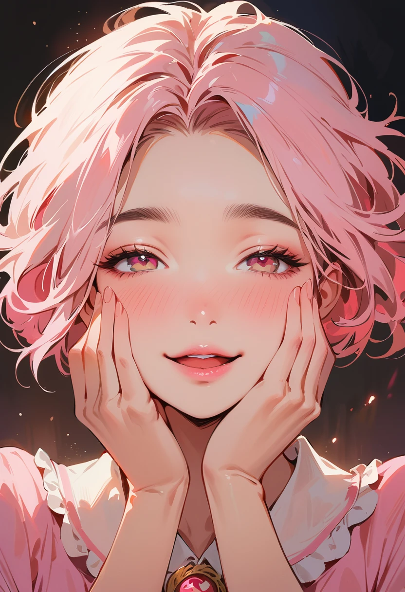 (masterpiece, best quality:1.4), 1 girl, 独奏, Pink love pupils, Blurred eyes, Smile, Look up and down, Pink lower lip, Holding face with hands, Pink short hair, Messy hairstyle,  Royal sister, Pink pajamas, Vision, black background.