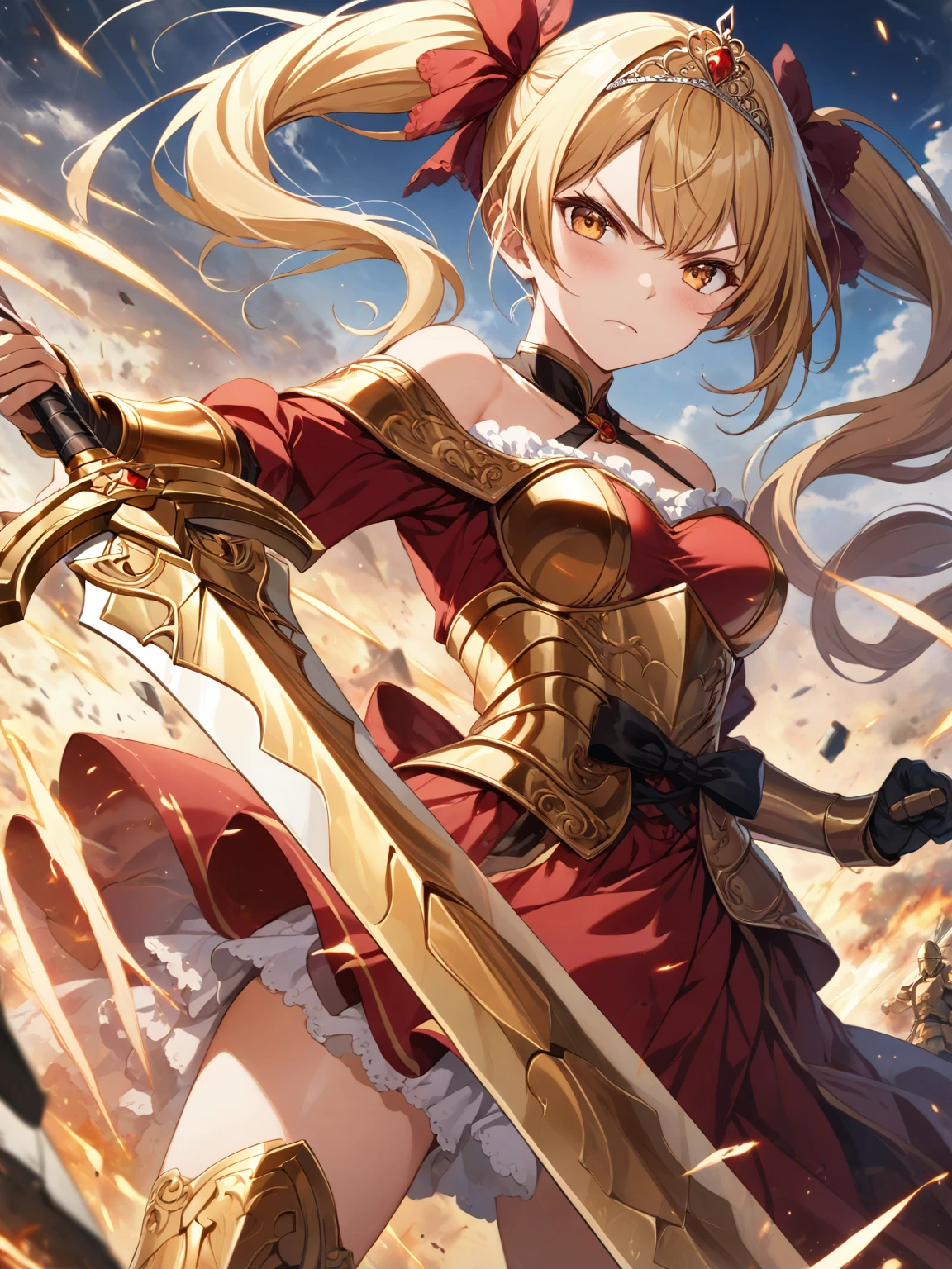 score_9_up, score_9, score_8_up, score_7_up, source_anime,masterpiece, best quality, high resolution, extremely detailed CG, absurdres, highres, 1 girl,a knight girl in golden armor fights at battlefield, holding sword, long hair, twintails, blond_hair, red_dress, glaring, off-shoulder, tiara, battle_stance, fighting_stance,good_hands