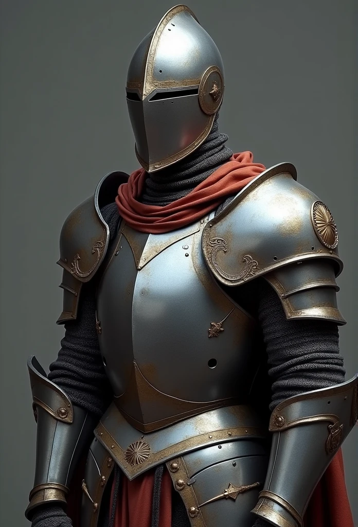 A knight in armor stands,full face helmet, Male paladin, knight wearing plate armor, fantasy paladin man, full portrait of magical knight, fantasy knight, armored knight, arsen lupin as a paladin, Knight in armor, A human male paladin, paladin armor, portrait of knight,((simple background)),gray background,