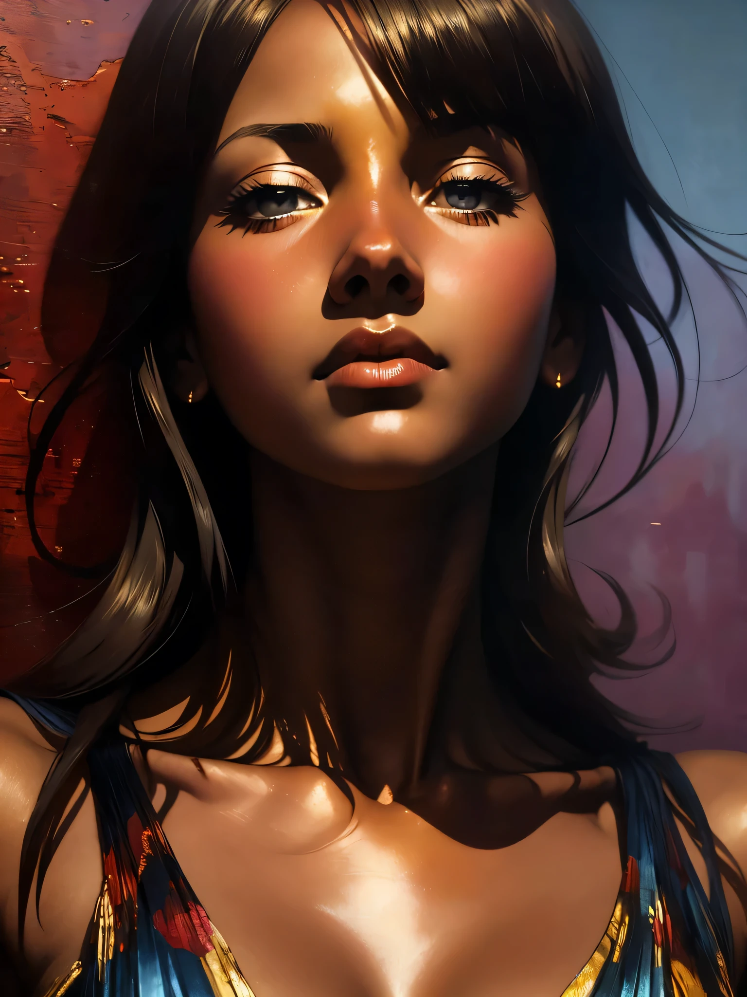 ((Solo Beautiful Carribean woman with dark skin and striking eyes)), shadowed interior background, art by akihiko yoshida, manga art style, colorfield illustration, scary atmosphere, global illumination, by frank frazetta, art by goro fujita, glamor shot, banner, blur, anime key visual, (blue, yellow and gray colors), photorealistic dramatic anime girl, intricately detailed, chiaroscuro, pino daeni, impressionist (best quality, masterpiece)