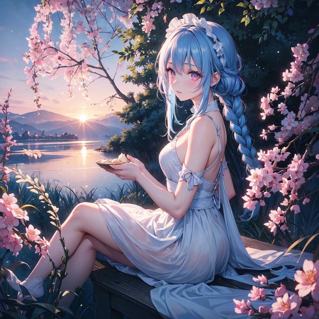Sky blue hair, (1 braided hair), (Pink eyes),Fair skin) ,(whole body),(One Girl),(White sweet dumpling),Miscanthus sinensis,(night),(beautiful, night空に輝く満月),(masterpiece, Highest quality, Very detailed, Best Shadow), (Detailed Background), (Beautifully detailed face), High Contrast, (Best lighting, Very delicate and beautiful), ((Cinematic Light)), Hyper Detail,8k, Dramatic Light, Intricate details,Sit down and eat dumplings,
