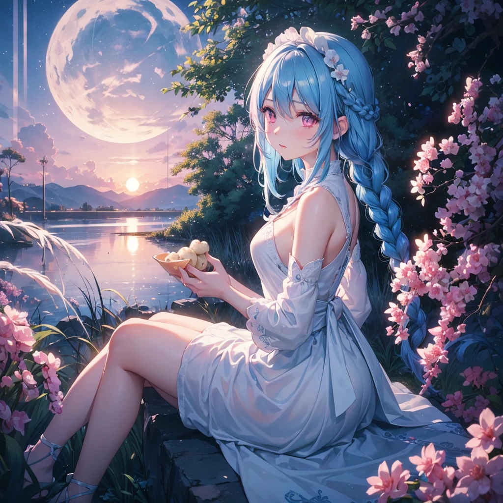 Sky blue hair, (1 braided hair), (Pink eyes),Fair skin) ,(whole body),(One Girl),(White sweet dumpling),Miscanthus sinensis,(night),(beautiful, night空に輝く満月),(masterpiece, Highest quality, Very detailed, Best Shadow), (Detailed Background), (Beautifully detailed face), High Contrast, (Best lighting, Very delicate and beautiful), ((Cinematic Light)), Hyper Detail,8k, Dramatic Light, Intricate details,Sit down and eat dumplings,