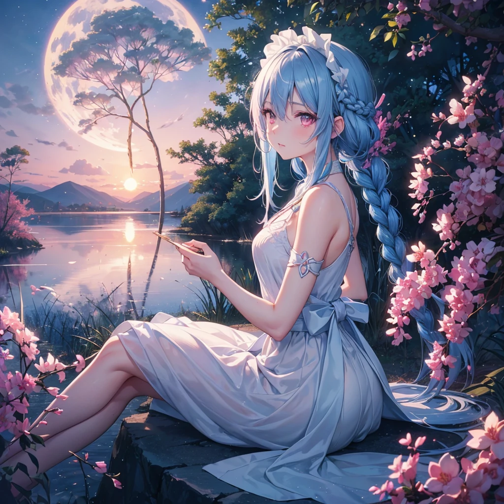 Sky blue hair, (1 braided hair), (Pink eyes),Fair skin) ,(whole body),(One Girl),(White sweet dumpling),Miscanthus sinensis,(night),(beautiful, night空に輝く満月),(masterpiece, Highest quality, Very detailed, Best Shadow), (Detailed Background), (Beautifully detailed face), High Contrast, (Best lighting, Very delicate and beautiful), ((Cinematic Light)), Hyper Detail,8k, Dramatic Light, Intricate details,Sit down and eat dumplings,