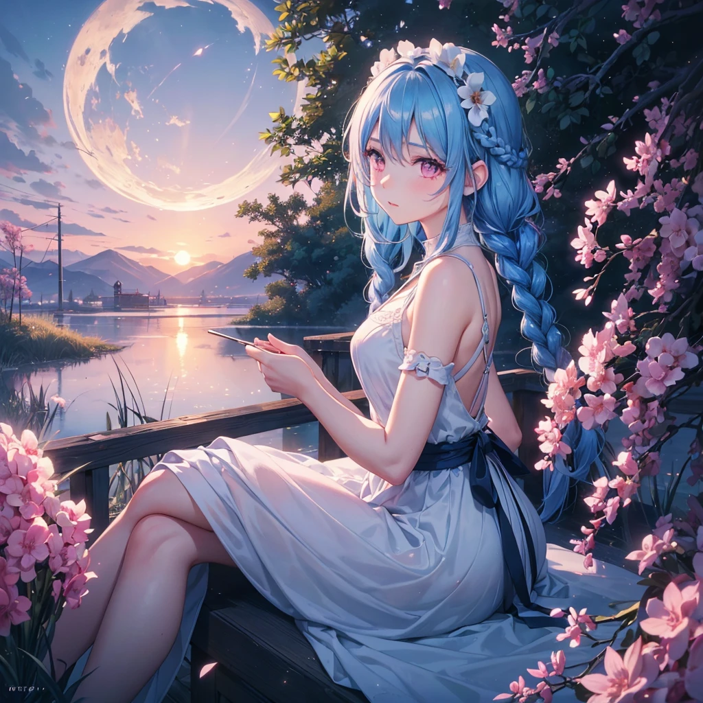 Sky blue hair, (1 braided hair), (Pink eyes),Fair skin)  ,(whole body),(One Girl),(White sweet dumpling),Miscanthus sinensis,(night),(beautiful, night空に輝く満月),(masterpiece, Highest quality, Very detailed, Best Shadow), (Detailed Background), (Beautifully detailed face), High Contrast, (Best lighting, Very delicate and beautiful), ((Cinematic Light)), Hyper Detail,8k, Dramatic Light, Intricate details,Sit down and eat dumplings,