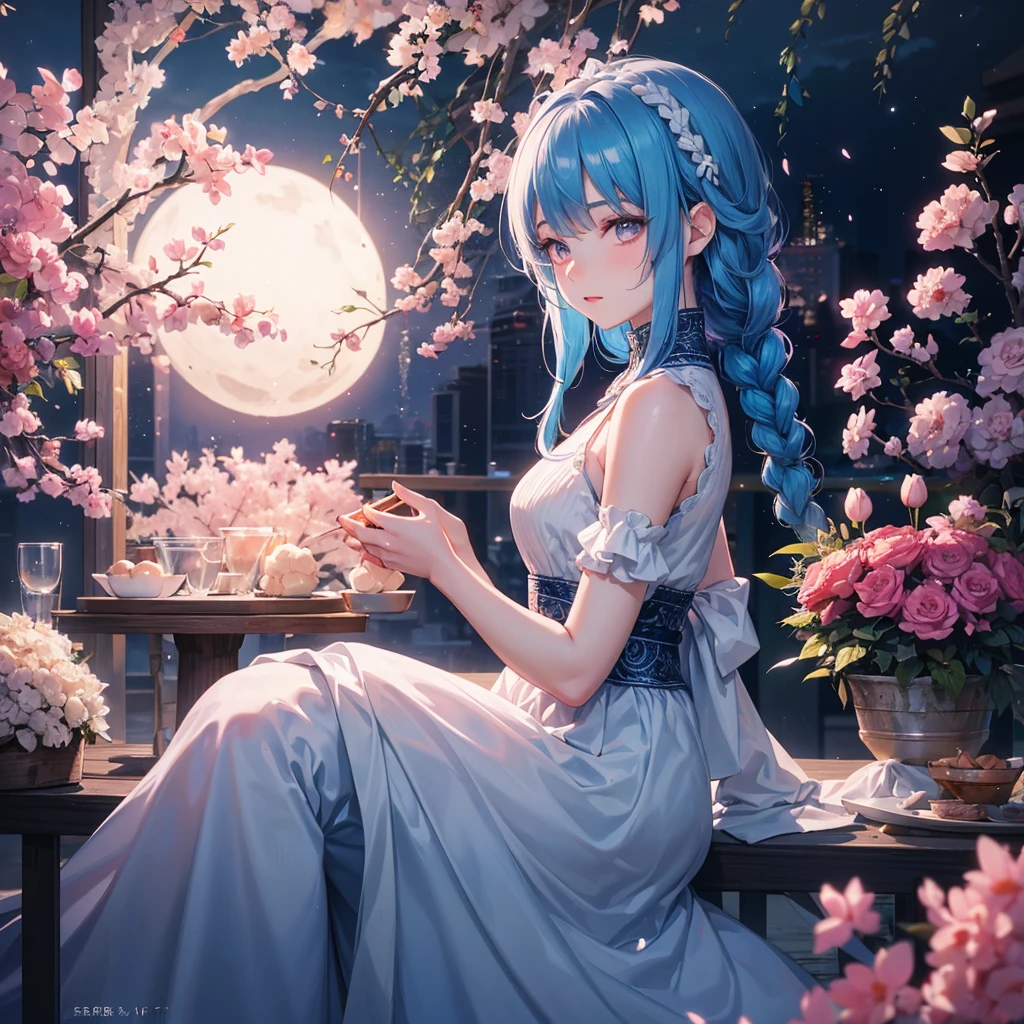 Sky blue hair, (1 braided hair), (Pink eyes),Fair skin)  ,(whole body),(One Girl),(White sweet dumpling),Miscanthus sinensis,(night),(beautiful, night空に輝く満月),(masterpiece, Highest quality, Very detailed, Best Shadow), (Detailed Background), (Beautifully detailed face), High Contrast, (Best lighting, Very delicate and beautiful), ((Cinematic Light)), Hyper Detail,8k, Dramatic Light, Intricate details,Sit down and eat dumplings,