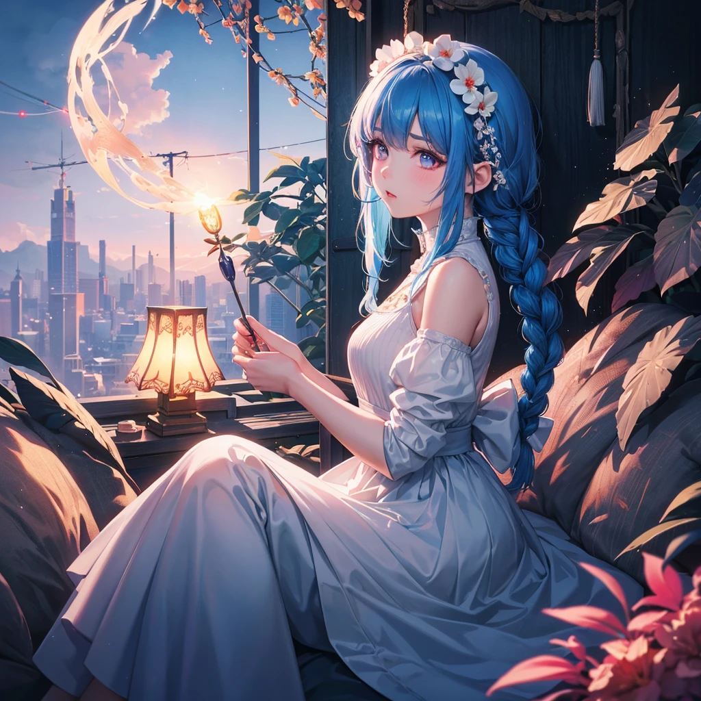 Sky blue hair, (1 braided hair), (Pink eyes),Fair skin) ,(whole body),(One Girl),(White sweet dumpling),Miscanthus sinensis,(night),(beautiful, night空に輝く満月),(masterpiece, Highest quality, Very detailed, Best Shadow), (Detailed Background), (Beautifully detailed face), High Contrast, (Best lighting, Very delicate and beautiful), ((Cinematic Light)), Hyper Detail,8k, Dramatic Light, Intricate details,Sit down and eat dumplings,