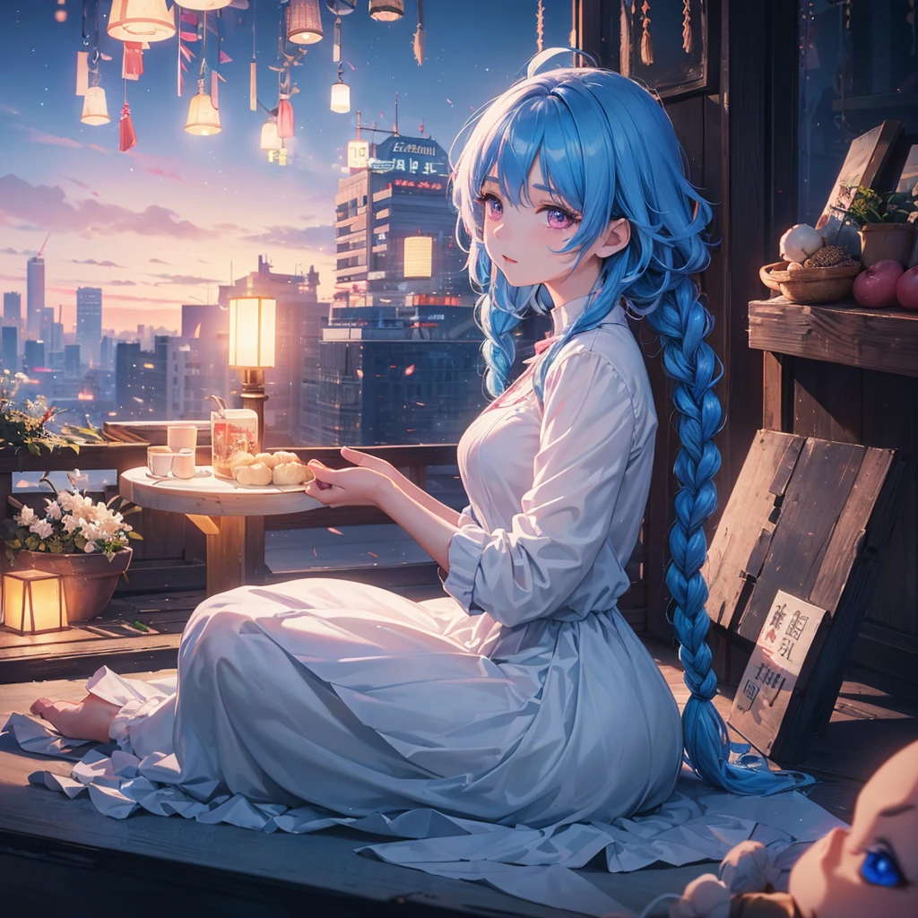 Sky blue hair, (1 braided hair), (Pink eyes),Fair skin) ,(whole body),(One Girl),(White sweet dumpling),Miscanthus sinensis,(night),(beautiful, night空に輝く満月),(masterpiece, Highest quality, Very detailed, Best Shadow), (Detailed Background), (Beautifully detailed face), High Contrast, (Best lighting, Very delicate and beautiful), ((Cinematic Light)), Hyper Detail,8k, Dramatic Light, Intricate details,Sit down and eat dumplings,