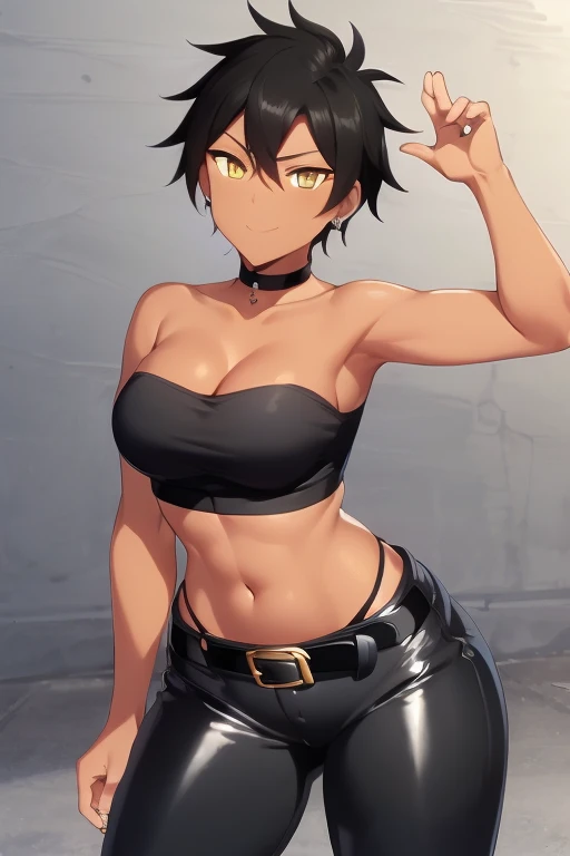 ((best quality)),((highly detailed)),masterpiece,absurdres,detailed face,beautiful face,(detailed eyes, deep eyes),(1girl),((dynamic pose)),  1girl, solo, 26 years old, tomboy, (shiny skin), (midriff:1.2), (tan-bronze skin), (Yellow eyes), short black hair, medium breasts, (Cleavage), (Wearing: blue jacket, choker, Strapless black top, Belt, Black shiny leather pants), tight fitting clothing, piercings, toned, hourglass figure, athletic, snarky expression, wide smile, (agile physique:1.1), (Character Focus),Perfect Anatomy, Looking at Viewer