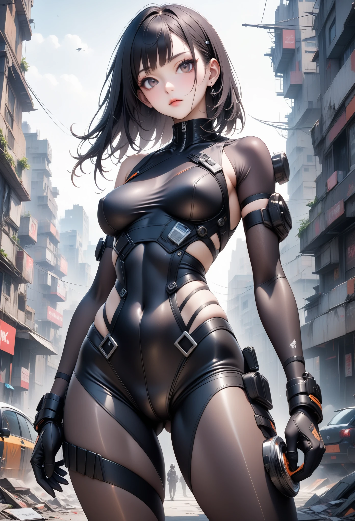 Highest quality, Super Fine, 16K, Incredibly absurd, Very detailed, delicate and dynamic, Beautiful Female Warrior, , amount, Cool and attractive appearance, , amazing proportions, Semi-transparent reinforced bodysuit, Future Punk, Background: Ruined city, ai-generated