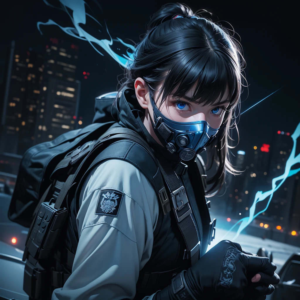 a highly detailed photo of a female soldier wearing a tactical face mask, an assin outfit, with piercing blue eyes, on a black background, blue flames emitting from her fist, surrounded by a battlefield with buildings, wide angle view, cinematic composition, hyper realistic, 8k, masterpiece, volumetric lighting, dramatic shadows, intricate details, photorealistic