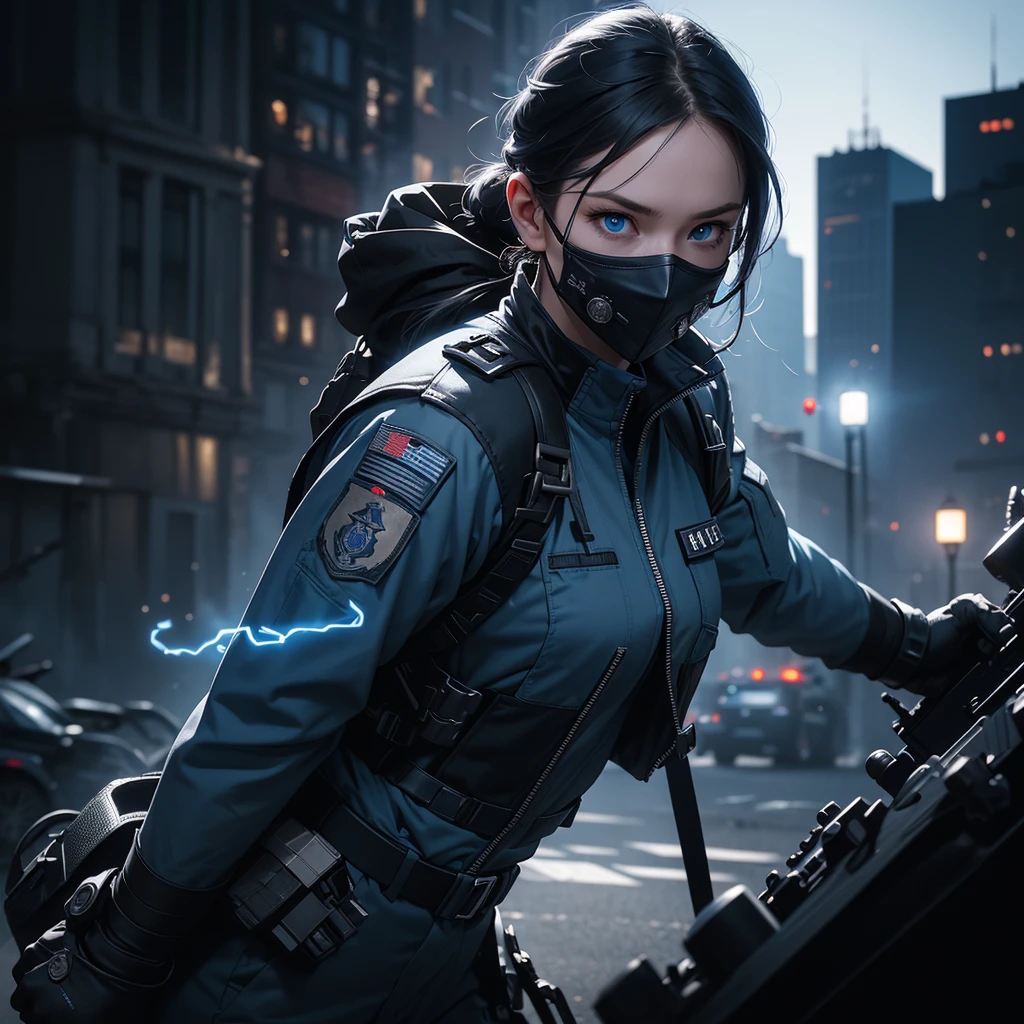 a highly detailed photo of a female soldier wearing a tactical face mask, an assassin outfit, with piercing blue eyes, on a black background, blue flames emitting from her fist, surrounded by a battlefield with buildings, wide angle view, cinematic composition, hyper realistic, 8k, masterpiece, volumetric lighting, dramatic shadows, intricate details, photorealistic