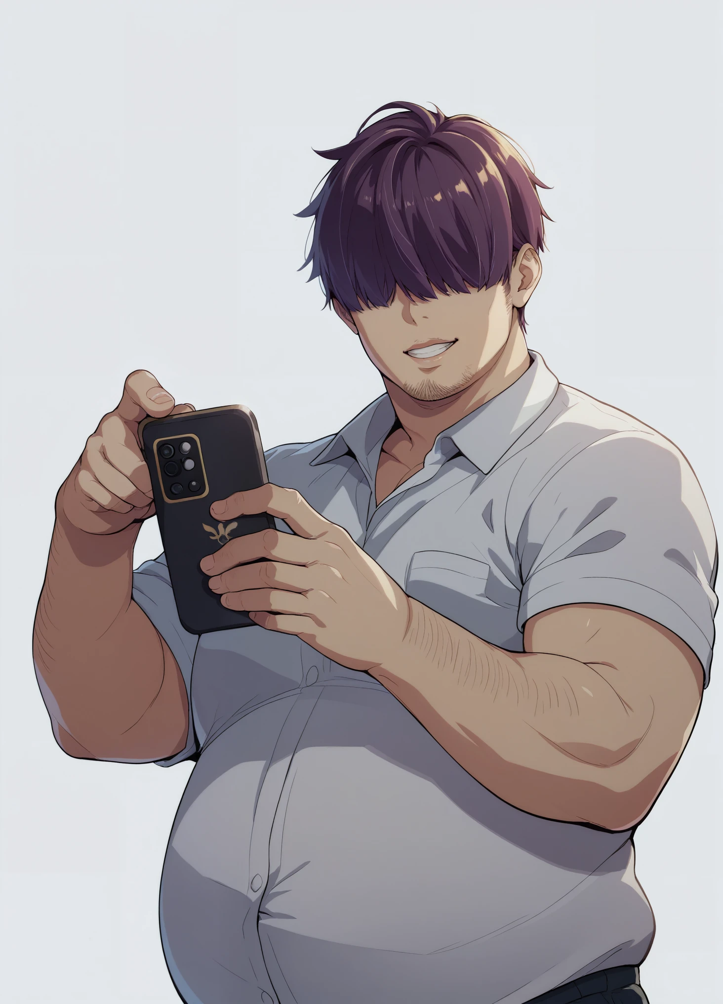 Holding your phone in your hand、Vulgar expression、Detailed illustrations、Ultra-precise expression、masterpiece、Highest quality、ultra High resolution、High resolution、Hiromitsu Takeda Style、White background、Simple Background、stand、whole body、1 young man、fat、Chubby、Glasses、hair over eyes、solo、stand、White Shirt、Otaku、
