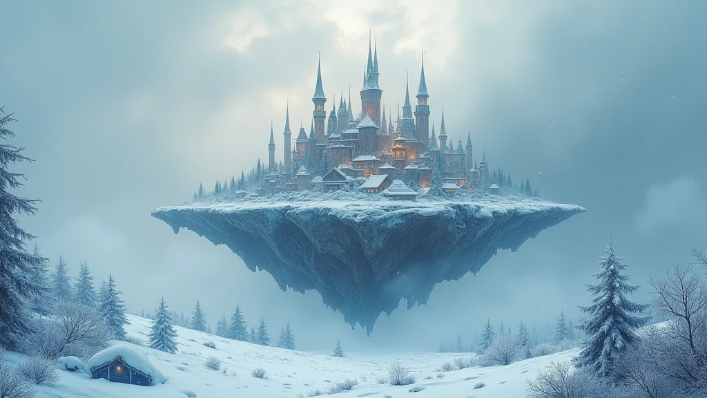 Best quality, double exposure, two parts in one art, painting depicting an intricately detailed floating city, levitating atop an arctic tundra enveloped in a swirling snowstorm, applying artistry reminiscent of such masters as h. r. giger, and beksiński. the floating city should tell a different aspect of an enchanting kid's story a snowy wonderland, a dense, dormant forest, the bleak and lonesome north pole, rendered with chrome. 8k