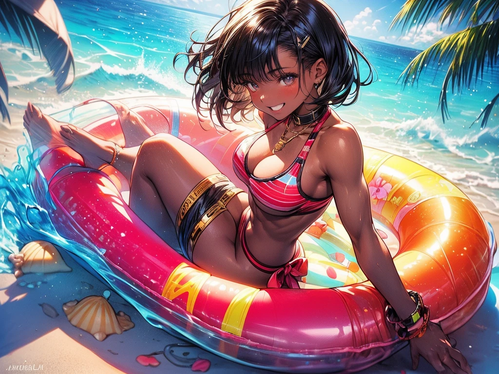 (masterpiece),(beautiful athletic latina is in a Floatie at the beach seaside resort :1.5), she looks like a combo of (:jenna ortega :jessica alba :0.5), (bob cut straight black hair with bangs), (hazel eyes :1.25), wearing a black string thong bikini, and a collar, (full body shot :1.25), cinematic lighting, (neon lighting), charm bracelet, subtle smile,masterpiece, best quality, very aesthetic, palm trees, seashells best quality, glowing eyes, 1girl, multicolored hair, smirk, smile, waterfall , ,ero_arched_back, arched back,