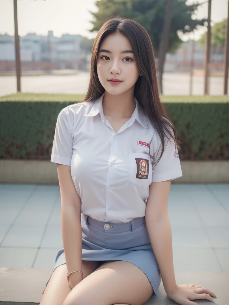 1girl, solo, 19 years old, (uniform), sits on something, detailed Metropolitan city at the background, portrait, thick breasts, semi-curvy body, smooth realistic skin, cute smirk, white shirt, grey blue short skirt, looking at the audience, high angle shot,(8k, RAW photo, best quality, masterpiece: 1.3), (realistic, realistic: 1.37), ultra-high resolution, cowboy shot