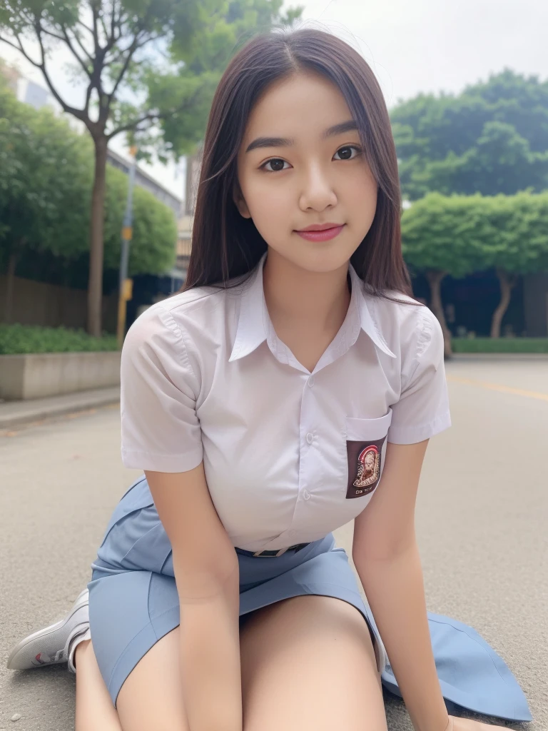 1girl, solo, 19 years old, (uniform), sits on something, detailed Metropolitan city at the background, portrait, thick breasts, semi-curvy body, smooth realistic skin, cute smirk, white shirt, grey blue short skirt, looking at the audience, high angle shot,(8k, RAW photo, best quality, masterpiece: 1.3), (realistic, realistic: 1.37), ultra-high resolution, cowboy shot