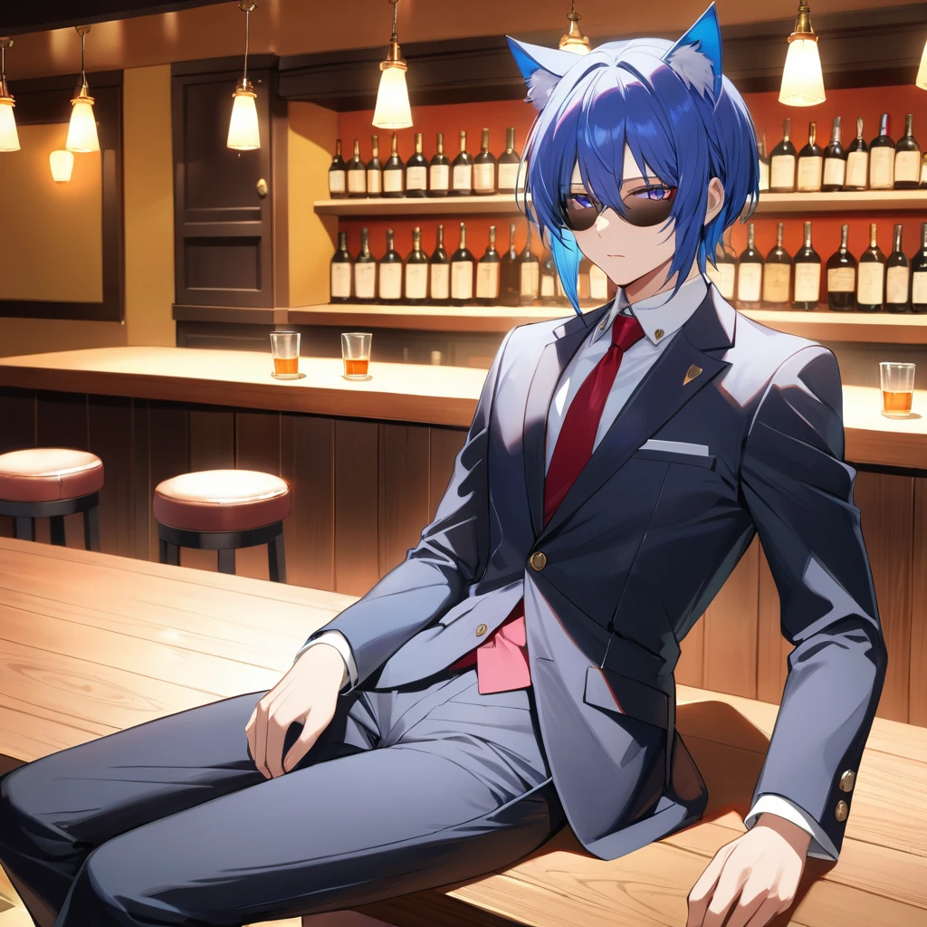 1man, solo, blue bob hair, cat ear, close-up, shaded face, (clothes:2.0), black waither suit, long black pants, shorts, expressionless, relaxing, , empty eyes, tavern background, look audience, tail, great light, red tie