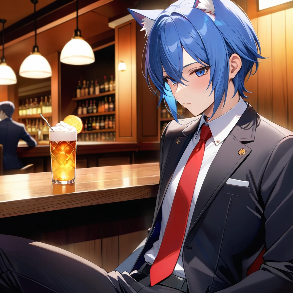 1man, solo, blue bob hair, cat ear, close-up, shaded face, (clothes:2.0), black waither suit, long black pants, shorts, expressionless, relaxing, , empty eyes, tavern background, look audience, tail, great light, red tie