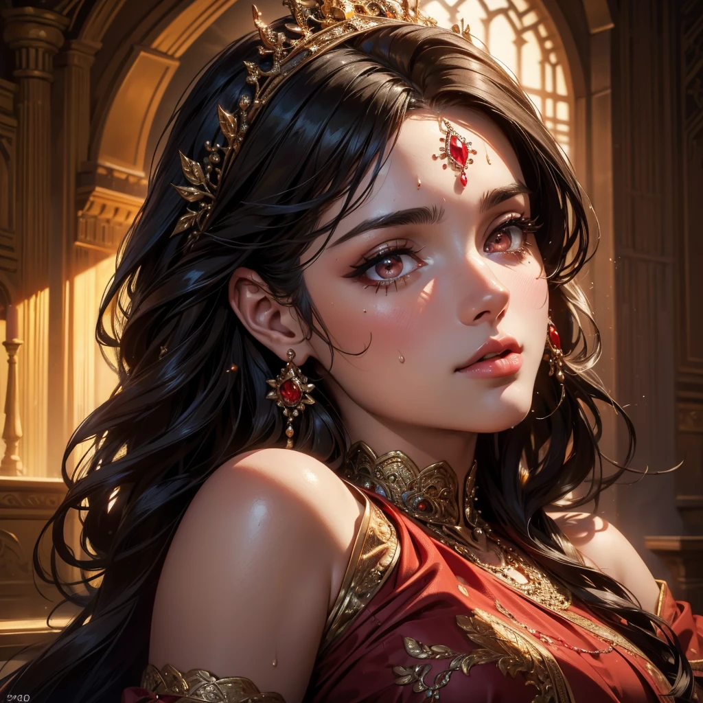 a beautiful princess wearing a red sharara, long wavy black hair, visible sweaty armpits, glistening body sweat, big breasts, detailed facial features, beautiful detailed eyes, beautiful detailed lips, extremely detailed eyes and face, long eyelashes, portrait, (best quality,4k,8k,highres,masterpiece:1.2),ultra-detailed,(realistic,photorealistic,photo-realistic:1.37),dramatic lighting, warm color tones, vibrant colors