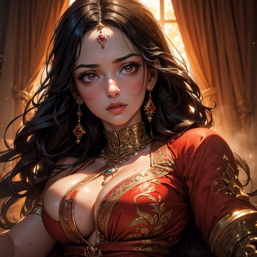 a beautiful princess wearing a red sharara, long wavy black hair, visible sweaty armpits, glistening body sweat, big breasts, detailed facial features, beautiful detailed eyes, beautiful detailed lips, extremely detailed eyes and face, long eyelashes, portrait, (best quality,4k,8k,highres,masterpiece:1.2),ultra-detailed,(realistic,photorealistic,photo-realistic:1.37),dramatic lighting, warm color tones, vibrant colors